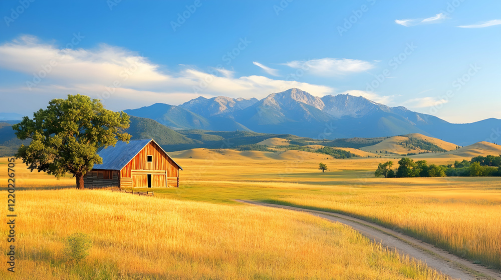 Rustic barn in golden wheat field, majestic mountains backdrop, peaceful summer landscape, ideal for travel brochures