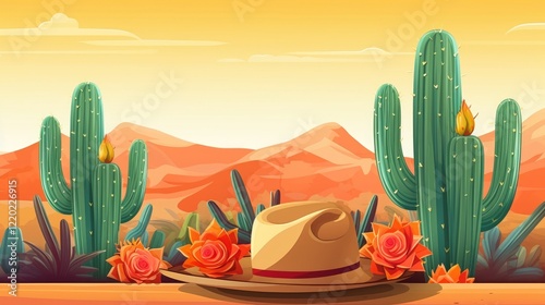Cinco de Mayo card, celebration poster with a cactus, flowers and sombrero. Mexican holiday traditions 