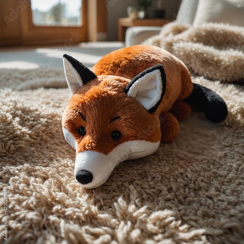 A plush squeaky toy shaped like a fox, lying on a cozy rug in a sunny living room.