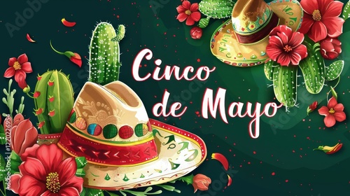 Cinco de Mayo card, celebration poster with a cactus, flowers and sombrero. Mexican holiday traditions, colors mexican flag. 