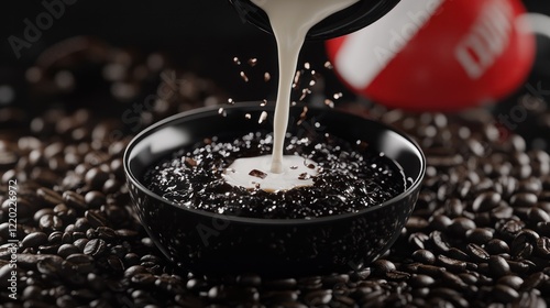 Creamy milk pouring into dark coffee beans photo