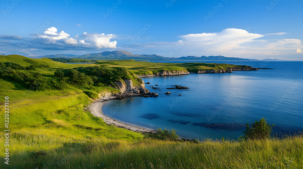 Naklejka premium Serene coastal landscape secluded cove, grassy hills, distant mountains under a sunny sky; ideal for travel brochures