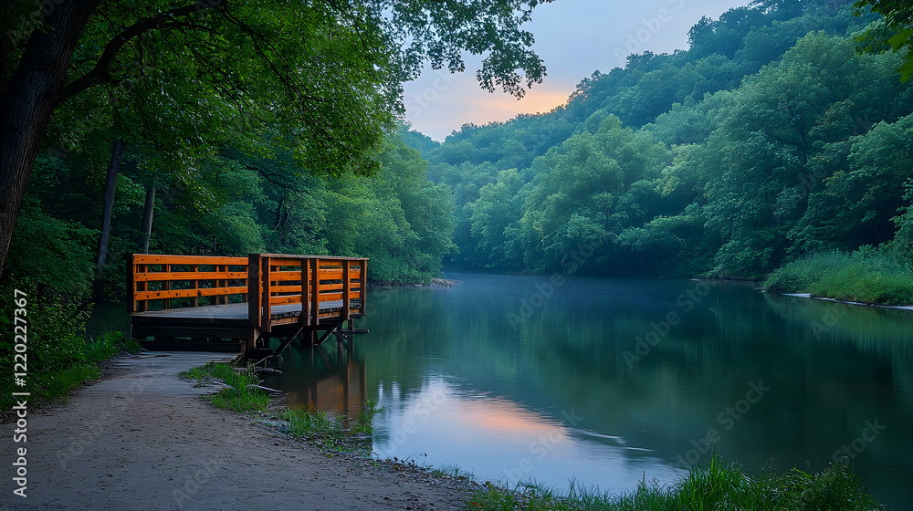 Obraz premium Serene sunrise over calm river, wooden dock, lush green hills. Perfect for travel brochures