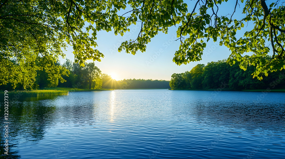 Serene sunset over calm lake, lush green trees, tranquil nature scene, ideal for travel brochure Serene sunset over calm lake, lush green trees, tranquil nature scene, ideal for travel brochure