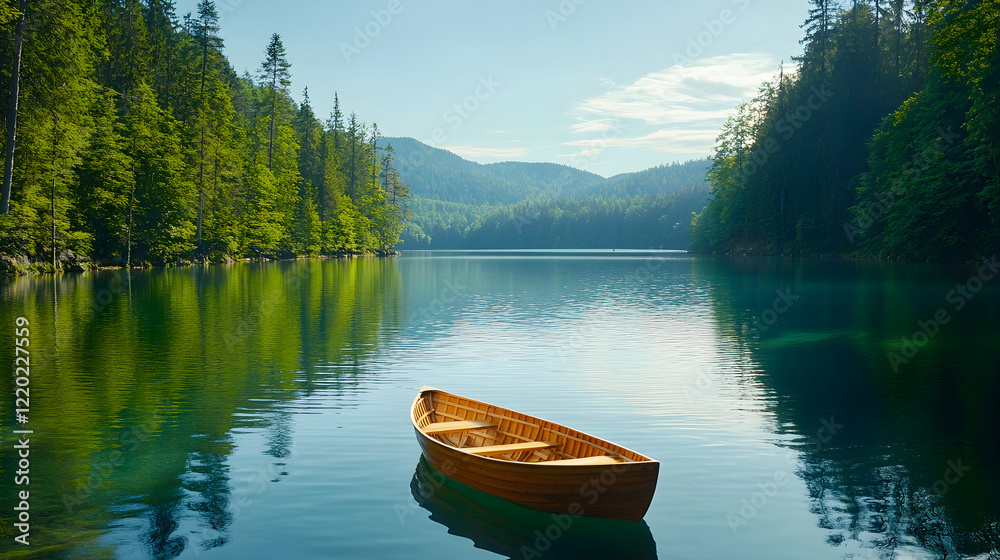 Serene wooden boat on calm mountain lake, surrounded by lush green forests, perfect for travel and relaxation brochures Serene wooden boat on calm mountain lake, surrounded by lush green forests, perfect for travel and relaxation brochures
