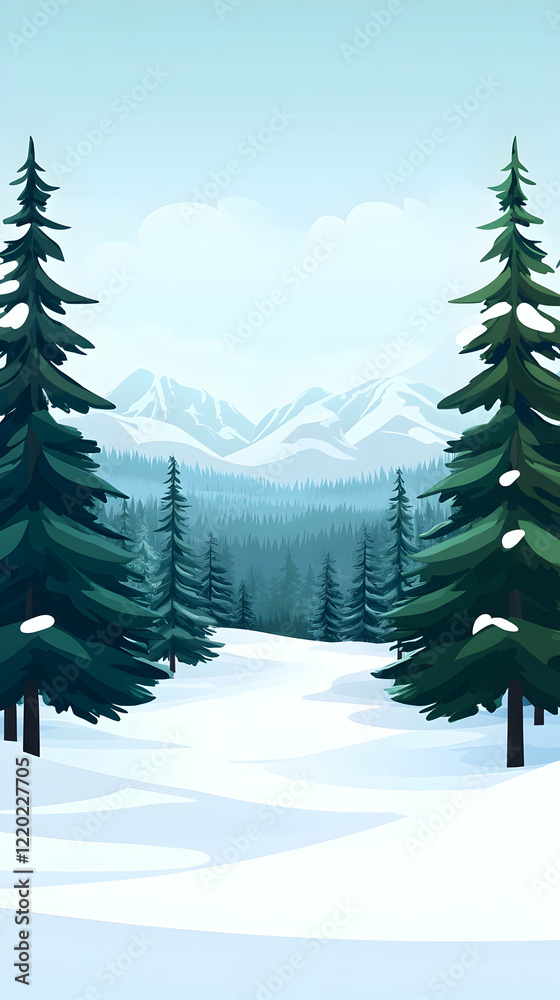 Fototapeta premium Snowy mountain landscape; winter forest scene; evergreen trees; tranquil background; ideal for winter-themed designs