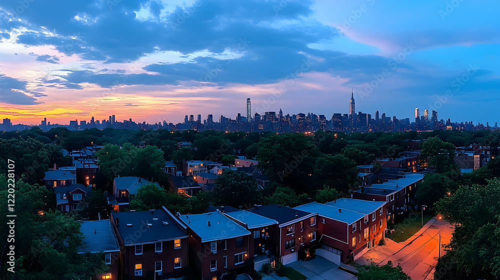 Naklejka premium Suburban sunset view of city skyline