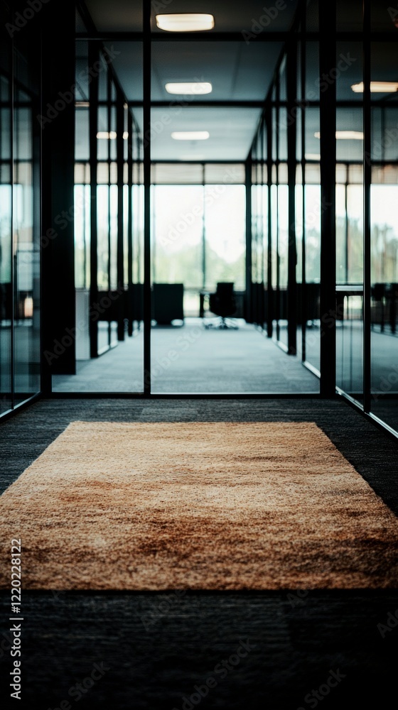 Fototapeta premium Modern Office Corridor Carpet Glass Walls Interior Design Business Background
