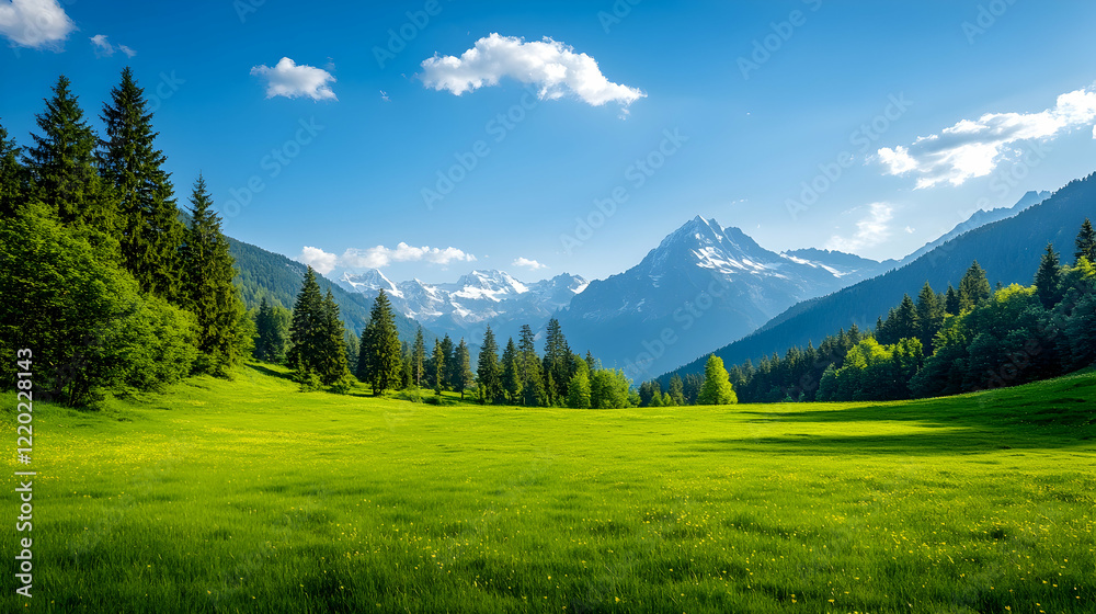 Sunny alpine meadow with snow-capped mountains. Ideal for travel brochures Sunny alpine meadow with snow-capped mountains. Ideal for travel brochures