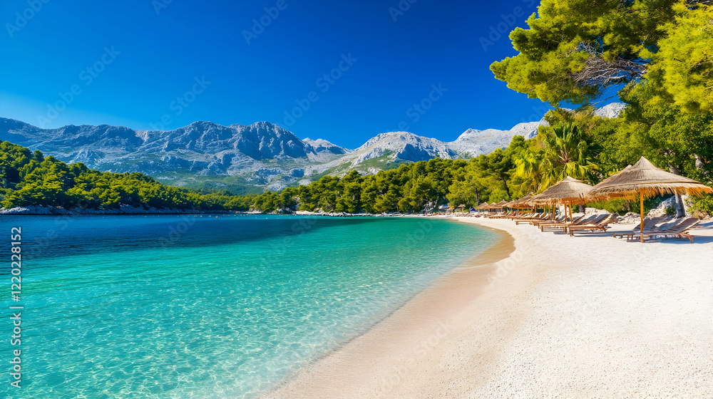 Sunny beach, turquoise water, mountain backdrop, lounge chairs. Ideal for travel brochures Sunny beach, turquoise water, mountain backdrop, lounge chairs. Ideal for travel brochures