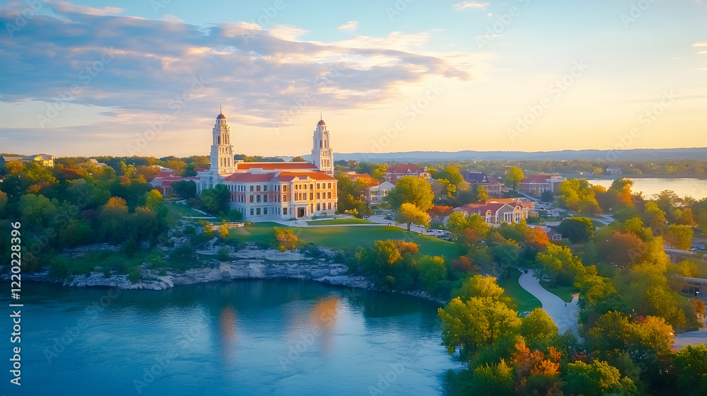 Fototapeta premium Sunset aerial view of a college campus by a river, autumn foliage, peaceful background, ideal for education, travel brochures