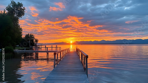 Sunrise over lake, wooden pier, mountains, calm water, peaceful landscape, ideal for travel brochure