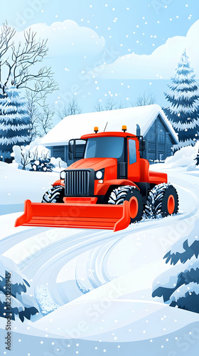 Tractor clearing snow from a rural road near a snowy cabin. Winter landscape, rural scene, snow removal