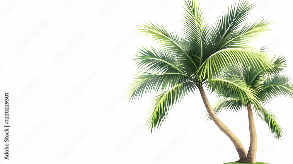 Fototapeta premium Tropical paradise Two palm trees on a small island, against a white background. Ideal for travel brochures
