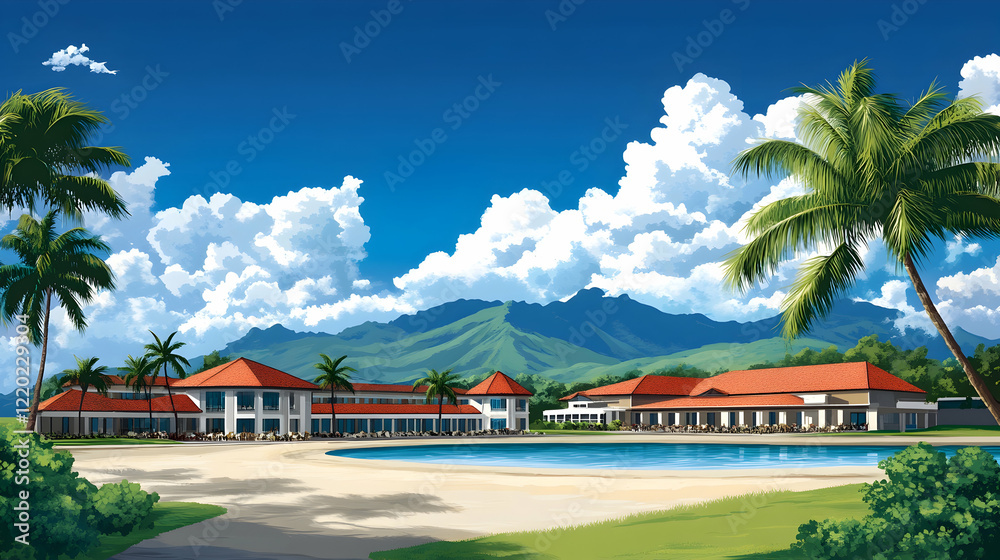 Tropical resort poolside view, sunny day, mountain backdrop; ideal for travel brochures Tropical resort poolside view, sunny day, mountain backdrop; ideal for travel brochures
