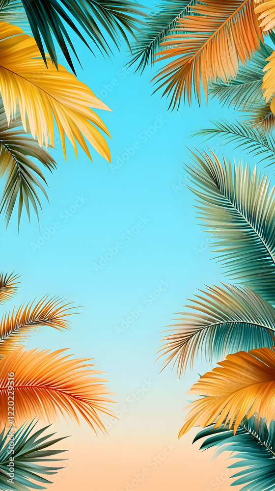 Fototapeta premium Tropical palm leaves frame, summer sky background, vacation brochure design