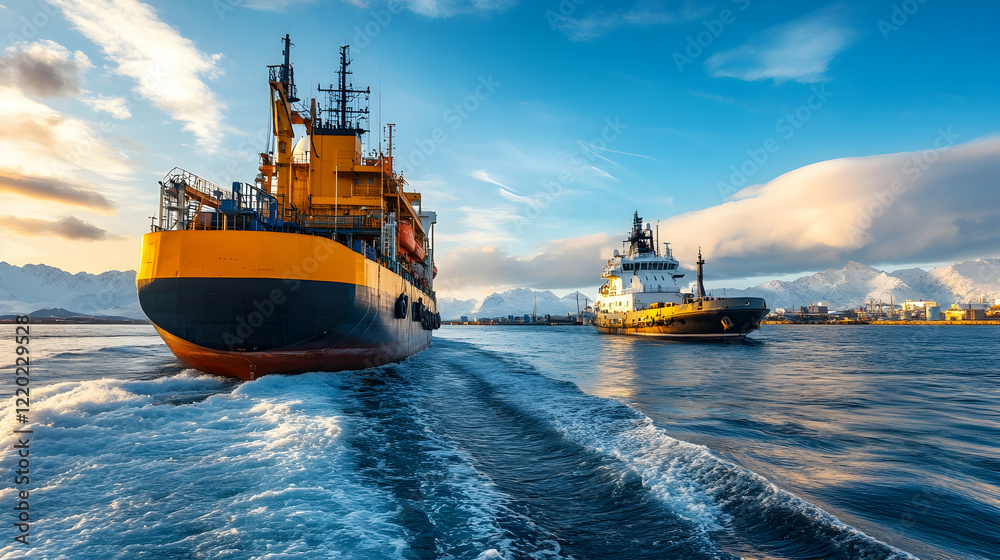 Fototapeta premium Two cargo ships sailing at sunset, coastal mountains in background. Use shipping, transport, industry