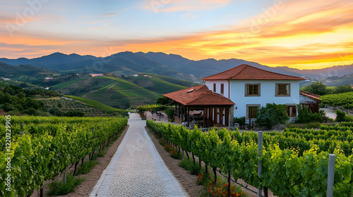 Wallpaper Mural Vineyard house sunset landscape, idyllic rural Portugal scene, pathway leads to building among vines Torontodigital.ca
