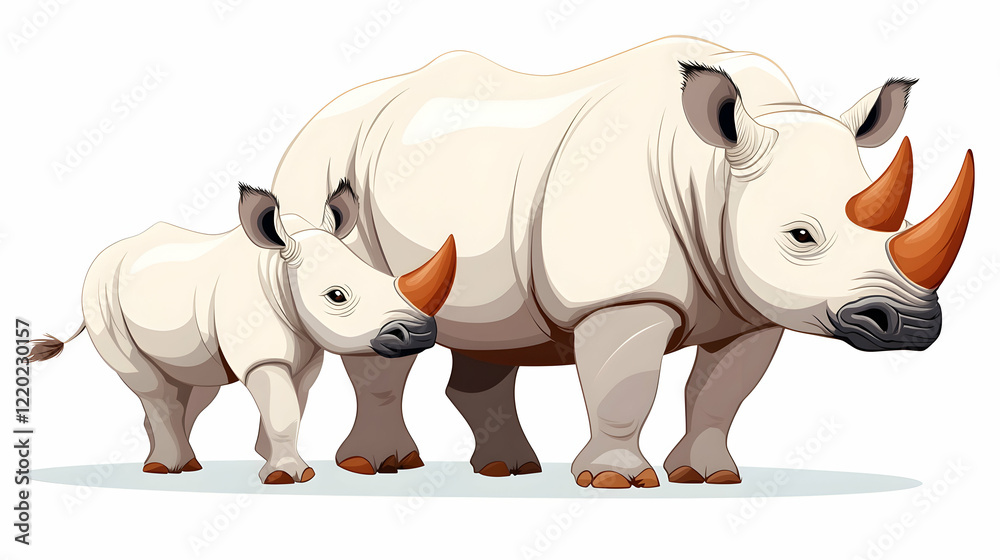 Fototapeta premium White rhino mother and calf, African savanna background, wildlife conservation