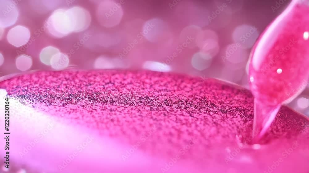 Glittering pink nail polish droplet closeup: fascinating flow dynamics in high resolution
