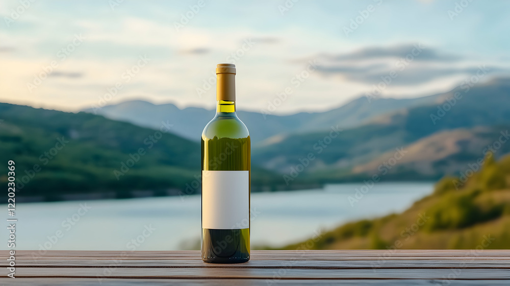 Fototapeta premium Wine bottle on wooden table overlooking lake and mountains at sunset; perfect for wine label design