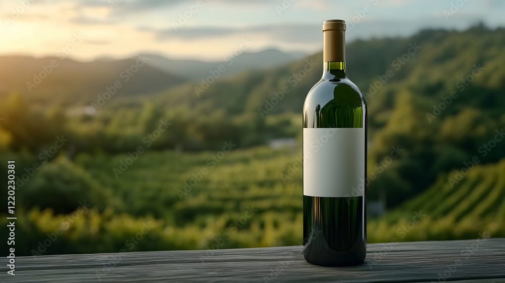 Fototapeta premium Wine bottle sunset vineyard landscape; drink advertising