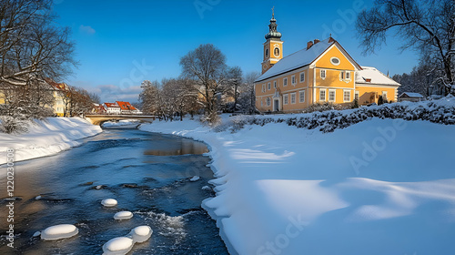 Winter River Scene Church, Snow, Bridge, Calm Water, Travel Postcard photo