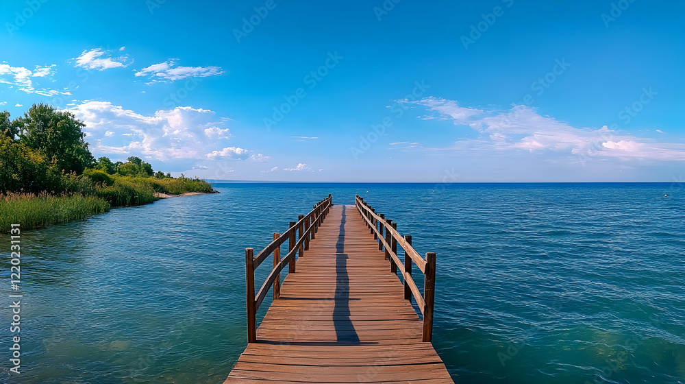 Obraz premium Wooden pier extending into calm blue lake under sunny sky; tranquil summer scene perfect for travel brochures