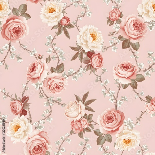 Wallpaper Mural A seamless floral pattern featuring blooming roses and peonies intertwined with ivy on a pastel pink background. Torontodigital.ca