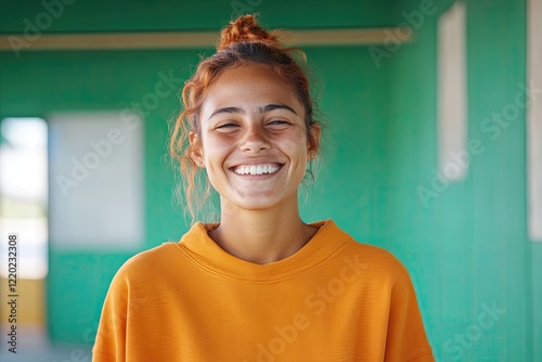 happy migrant in shelter or school setting captured in minimalist portrait style showcasing bright colors and emphasis