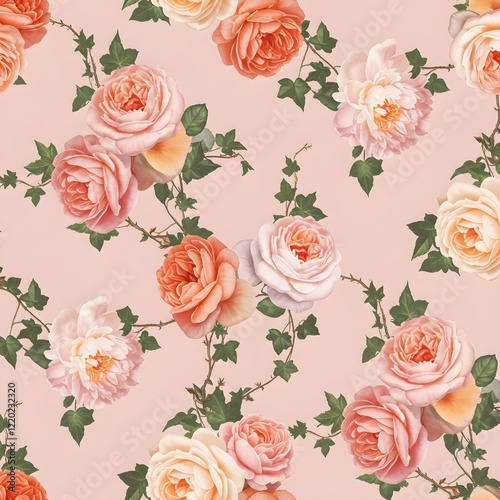 A seamless floral pattern featuring blooming roses and peonies intertwined with ivy on a pastel pink background.