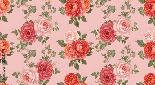 A seamless floral pattern featuring blooming roses and peonies intertwined with ivy on a pastel pink background.
