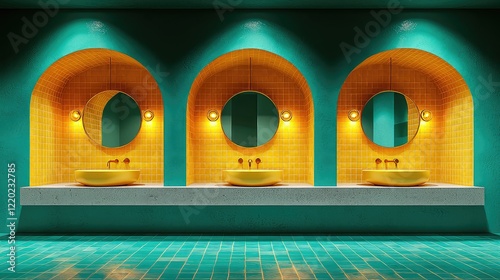 Teal and gold modern bathroom with three sinks, arched alcoves, and round mirrors. photo