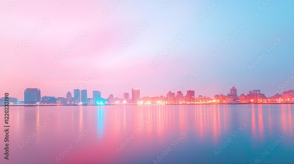 Obraz premium panoramic view of sprawling city skyline at dusk vibrant lights reflecting on water copy space