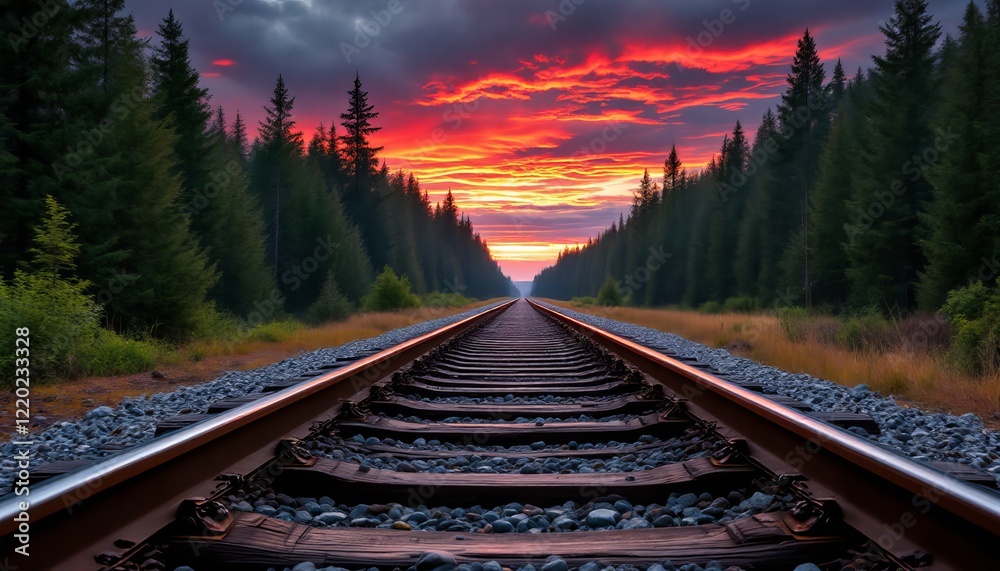 Fototapeta premium Fiery Sunset Over Railroad Tracks Through Forest