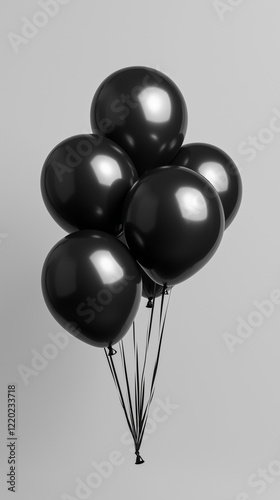 空中に浮かぶ黒い風船の束