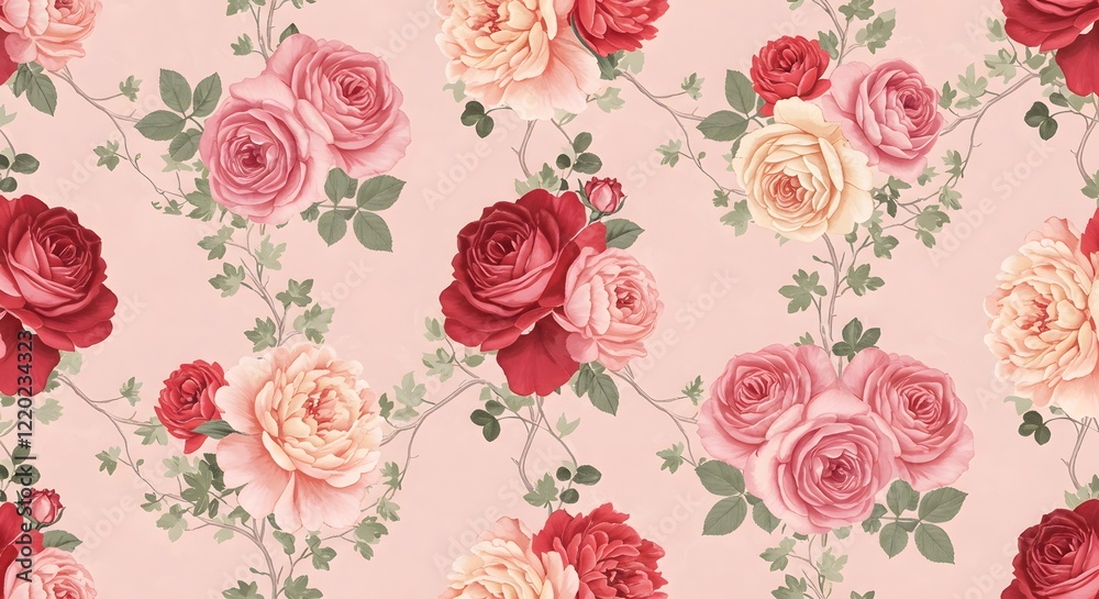 A seamless floral pattern featuring blooming roses and peonies intertwined with ivy on a pastel pink background.