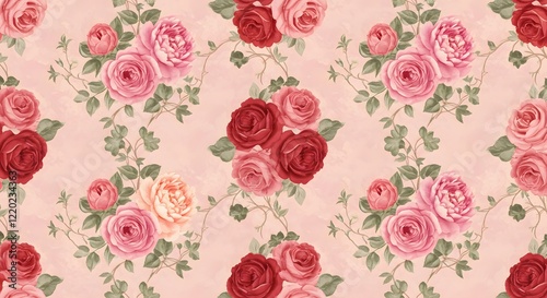 Wallpaper Mural A seamless floral pattern featuring blooming roses and peonies intertwined with ivy on a pastel pink background. Torontodigital.ca