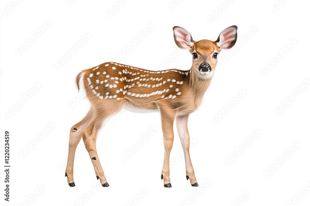 A young fawn with distinctive spots stands gracefully, showcasing its delicate features against a clean background A young fawn with distinctive spots stands gracefully, showcasing its delicate features against a clean background