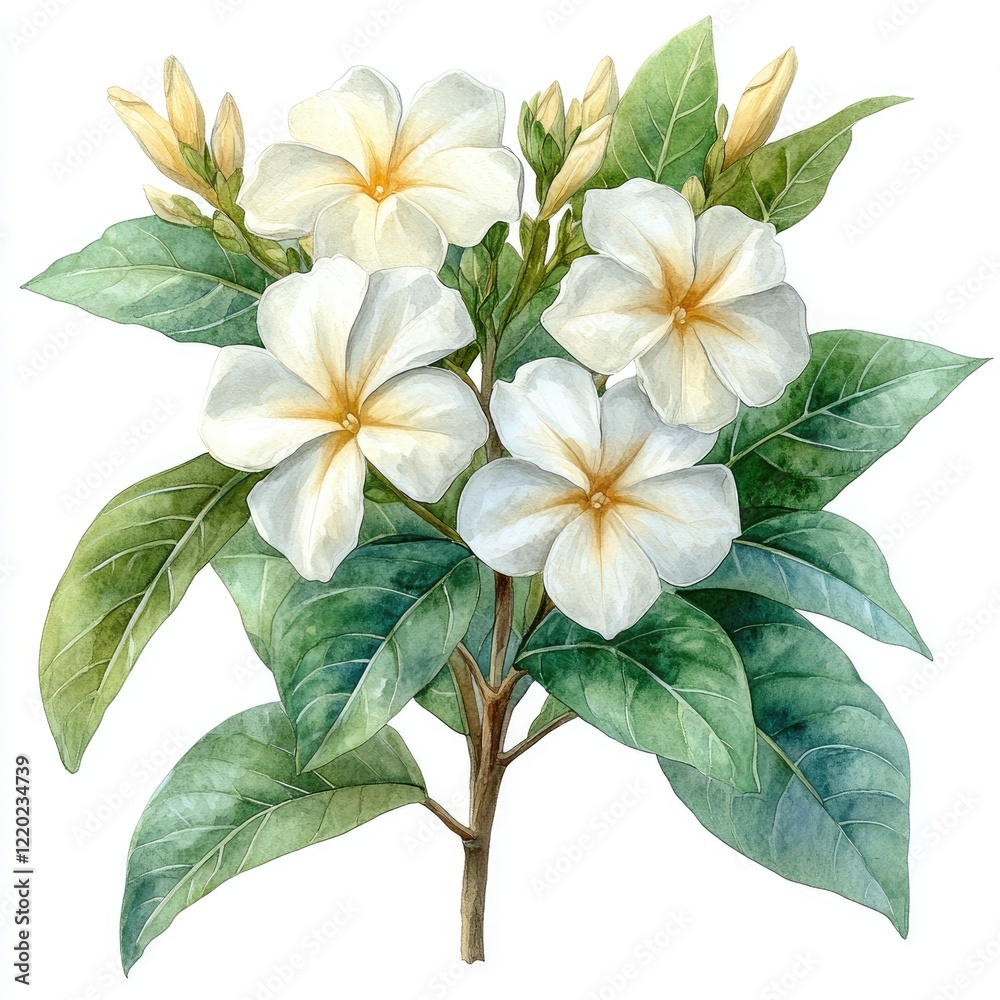 Obraz premium A vibrant illustration of white plumeria flowers with green leaves, showcasing natural beauty and tranquility