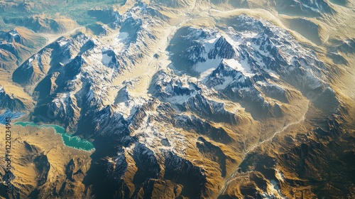 High altitude view of snow-capped mountains and a glacial lake with a meandering river