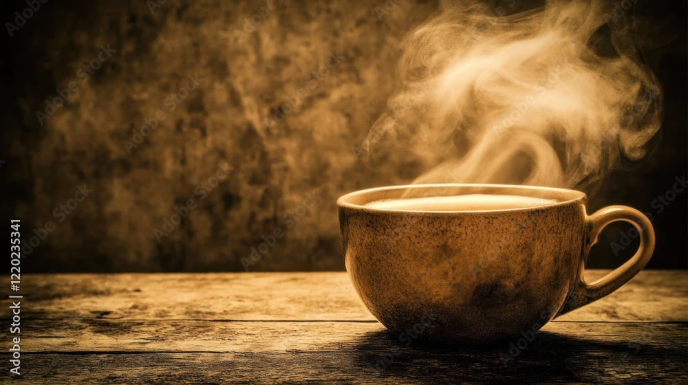 Steaming Coffee Cup on Rustic Wooden Table Steaming Coffee Cup on Rustic Wooden Table