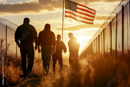 Border patrol agents walking along us mexico border fence at sunset with american flag