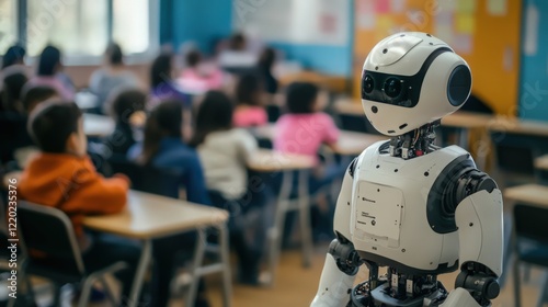 Wallpaper Mural A white humanoid robot standing in a classroom with students at their desks in the background Torontodigital.ca
