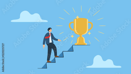 Businessman climbing stairs reaching a trophy key symbolizes success, goal, victory, and achievement. Suitable for business, achievement, success concepts in design.