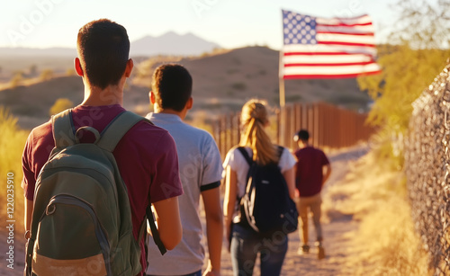 Students walking along us mexico border fence at sunset