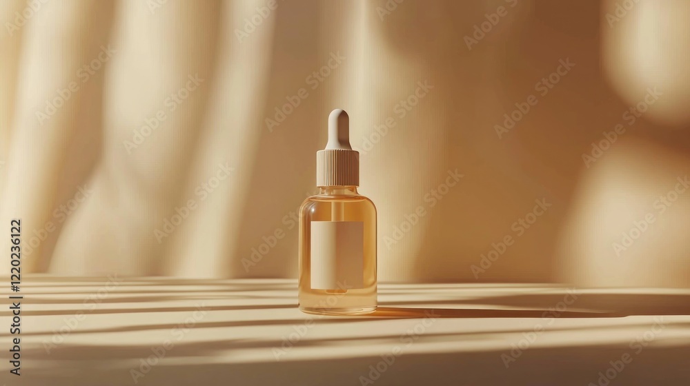 Naklejka premium Amber serum bottle mockup, sunlit fabric backdrop, beauty product