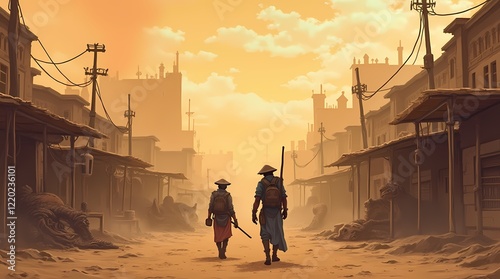 A post-apocalyptic desert town with traders and mechanics in a gritty anime survival style