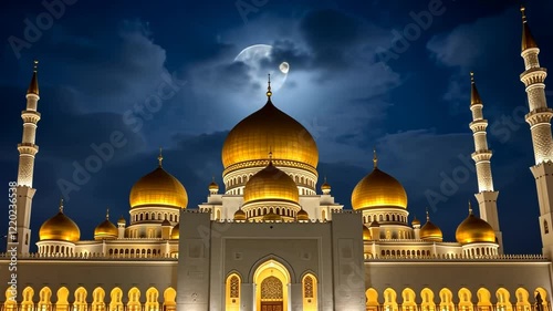 Illuminated mosque at night with golden domes and minarets
