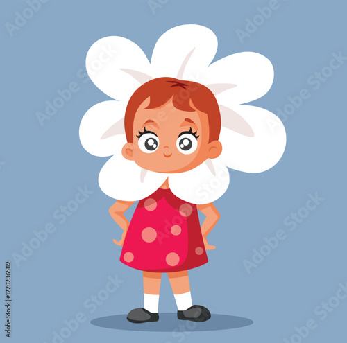 Cheerful Little Girl in Spring Flower Costume Vector Design. Happy child in daisy party outfit celebrates springtime
